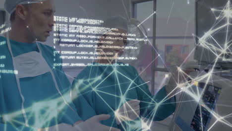 doctors in surgical attire with network connections and data processing animation