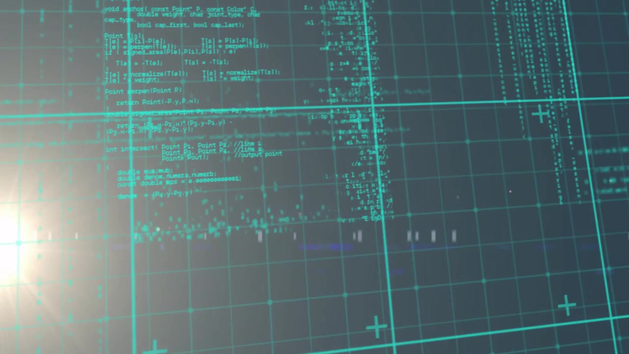 Digital data grid pattern streaming across abstract teal background, featuring animated lens flares