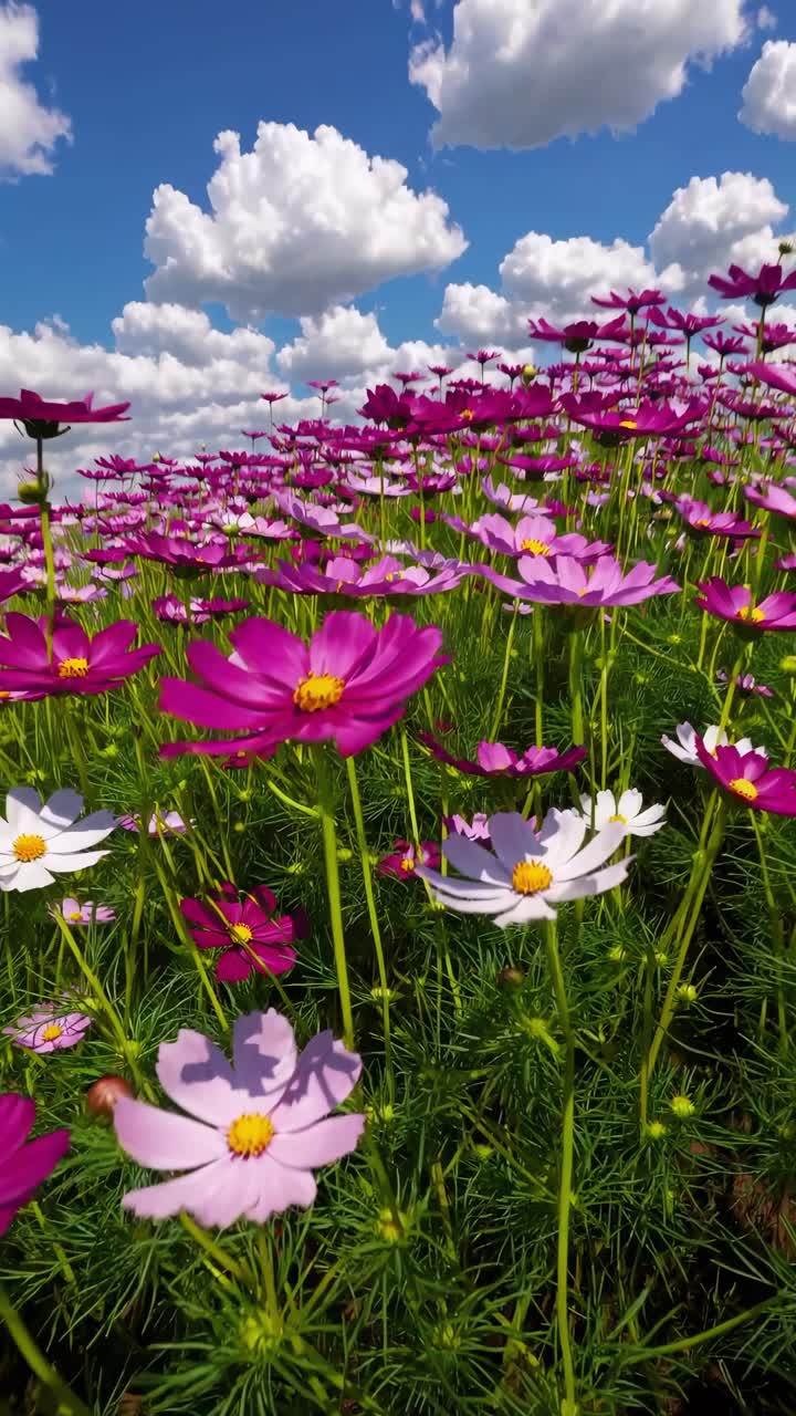 Low-angle video of a vibrant field of pink and white flowers under a bright blue sky with fluffy