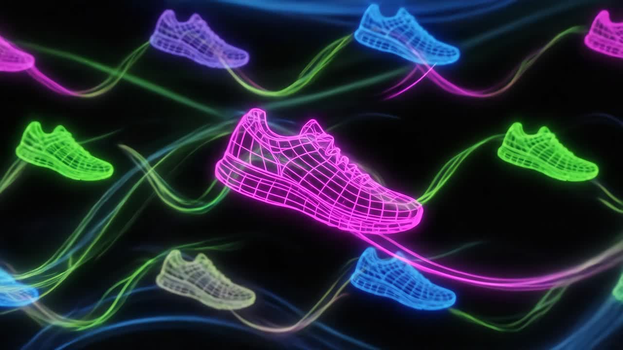 Motivo animato di sneakers in wireframe al neon con scie luminose