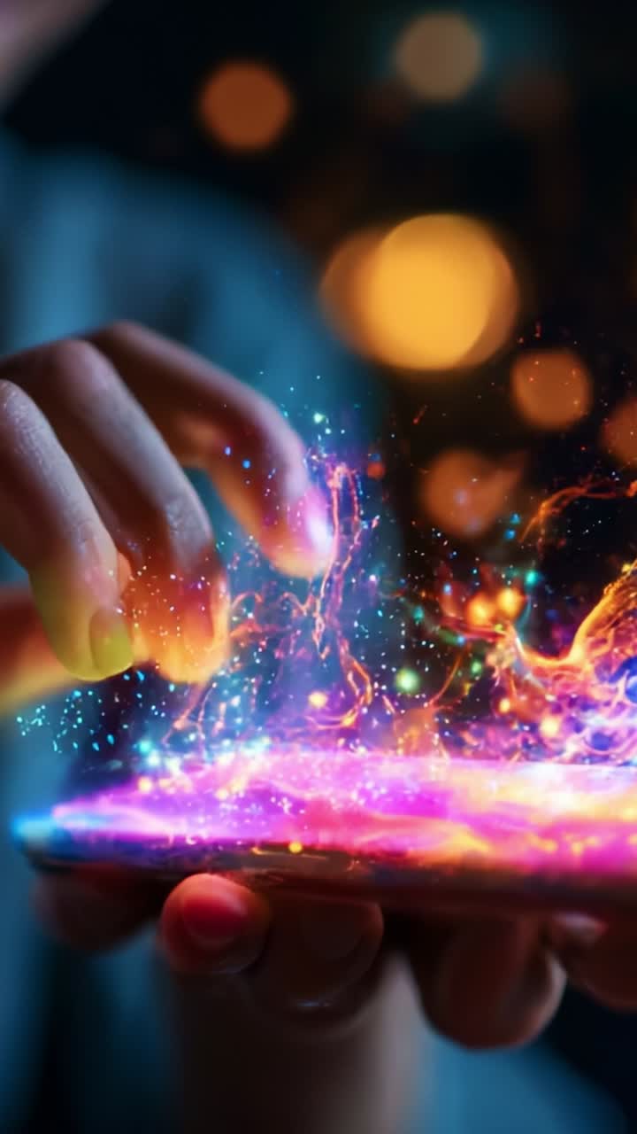 A Futuristic Interaction: Illuminated Hands Manipulating Colorful Light Energy Above a Smartphone in an Enigmatic Glow of Magic and Technology