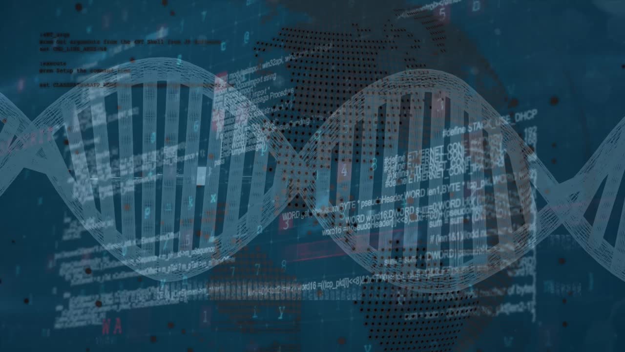 animación de la cadena de adn girando sobre el globo y procesamiento de datos