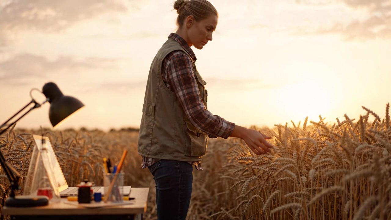 Scientist in Field Examines Wheat Crop at Sunset with Research Tools Nearby on Table Reflecting Agricultural Progress and Sustainable Practices