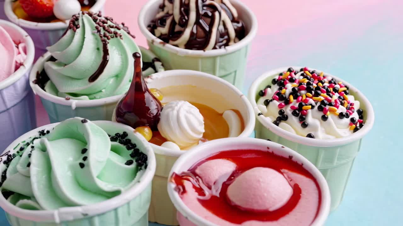 Coppe colorate di gelato con guarnizioni, riprese da un'angolazione elevata