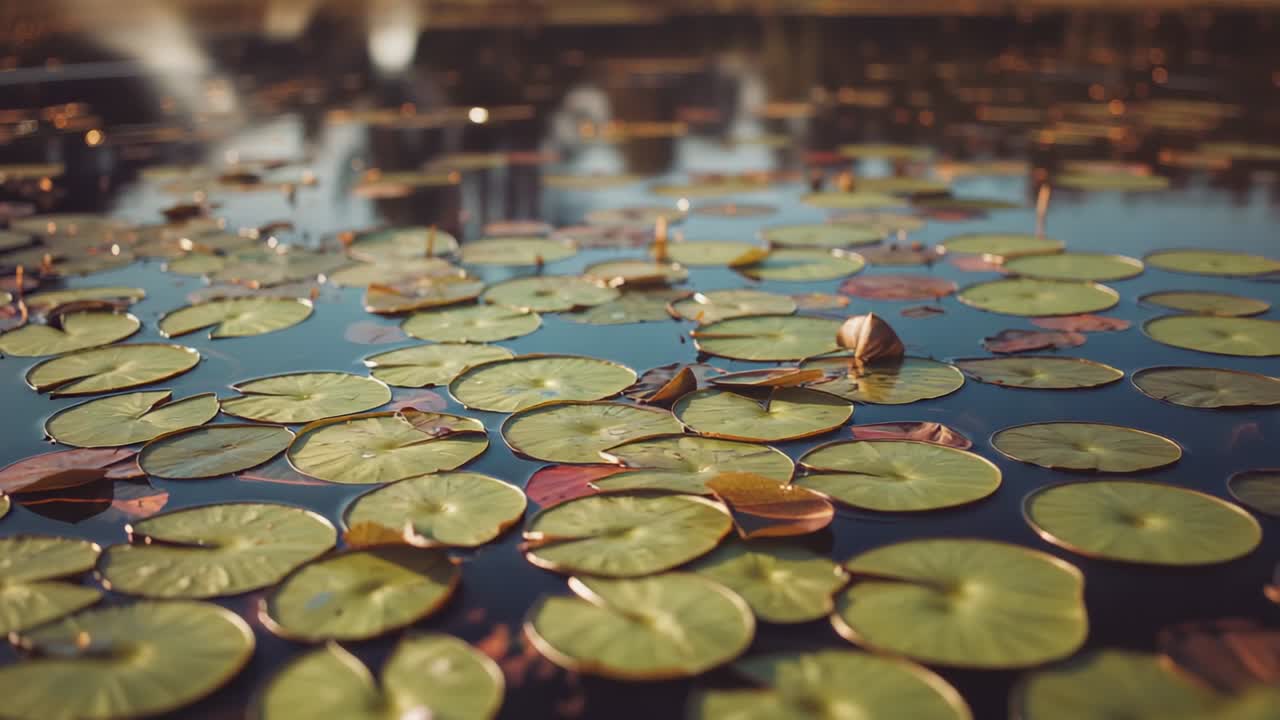 Opening shot initiating focus shift between lily pads and bud on calm pond, with golden light