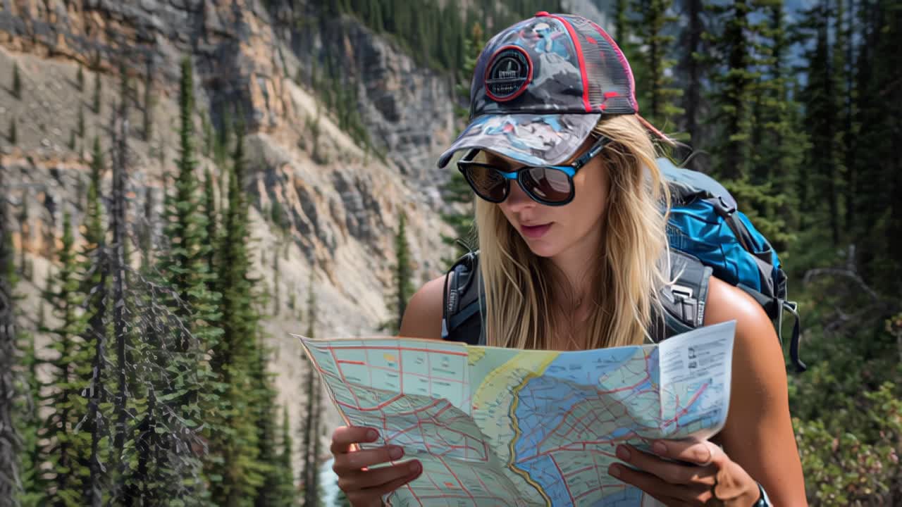 Junge Rucksacktouristin mit Kappe und Sonnenbrille studiert eine Papierkarte beim Wandern durch einen malerischen Bergwald, symbolisiert Navigation, Outdoor-Abenteuer, Reisen und Erkundung der Natur