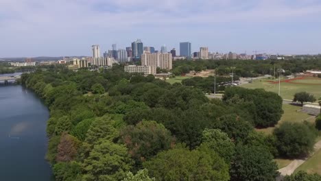 aerial view of austin skyline, texas - camera is rising from low angle to high angle