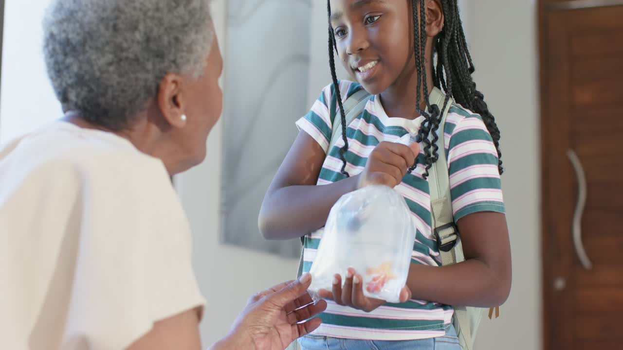 Giovane ragazza afroamericana offre una borsa con due pesci arancioni nell'ingresso, un'anziana signora ispeziona.