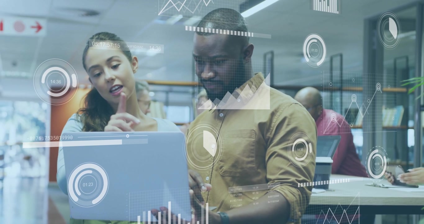 Woman glancing laptop and explaining chart overlays and peer scrolling data for business insights