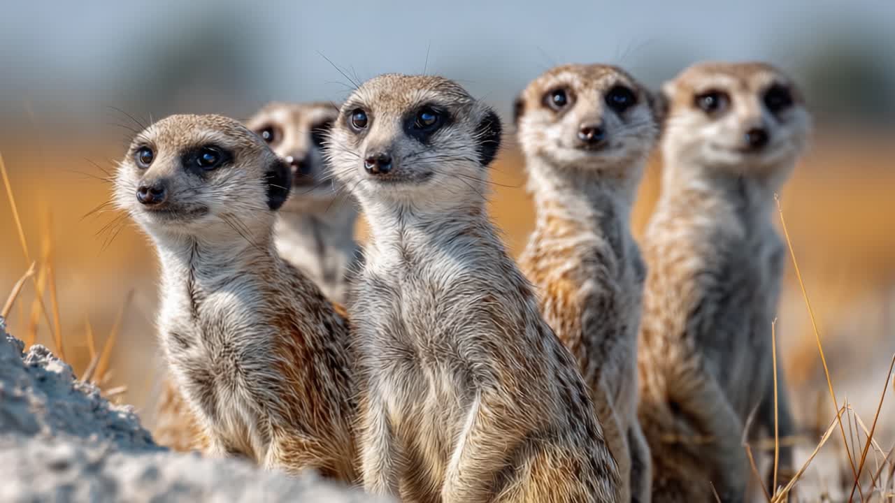 A Group of Curious Meerkats Observing Their Surroundings: Captivating Moments of Nature's Playful Creatures in a Beautiful Landscape