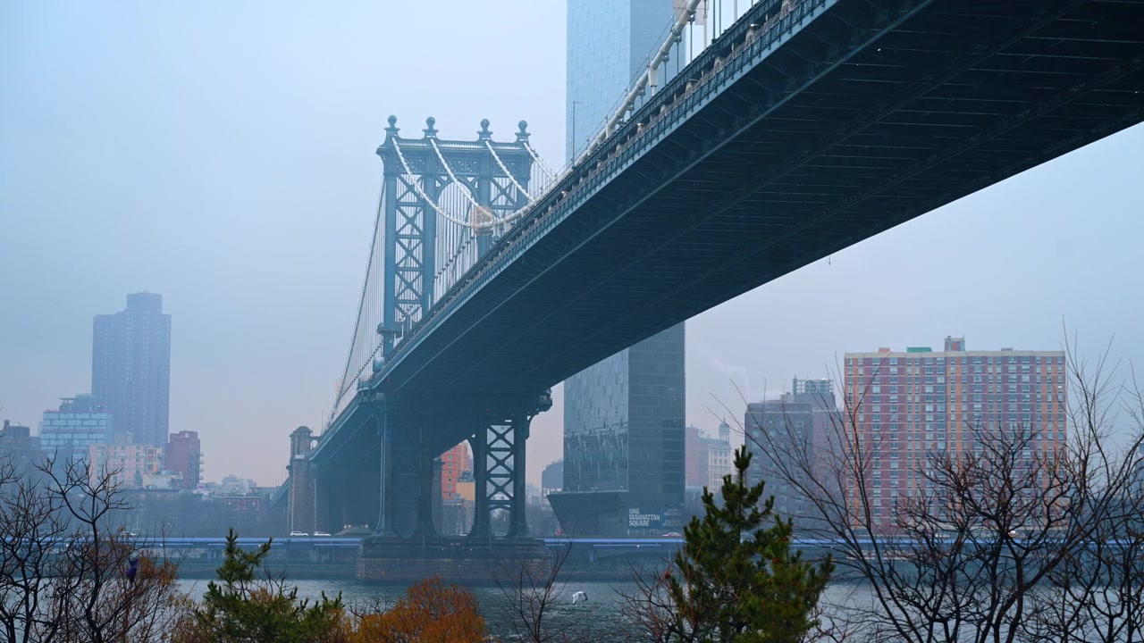 New York, USA, 25 dicembre 2025: Ponte di Manhattan sull'East River da Brooklyn. Ampia vista del Ponte di Manhattan sull'East River con alberi sul lungomare di Brooklyn e uno skyline velato.