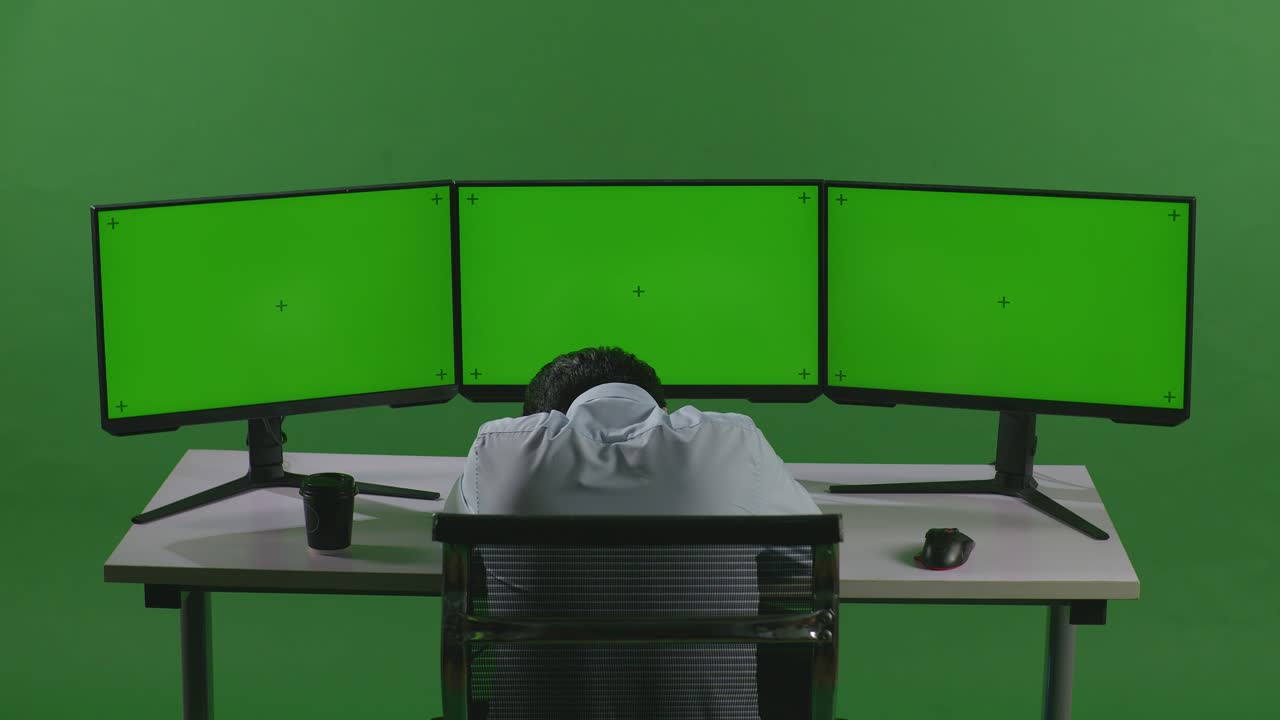 Back View Of Tired Asian Man Sleeping While Working With Mock Up Multiple Computer Monitor In Green Screen Studio