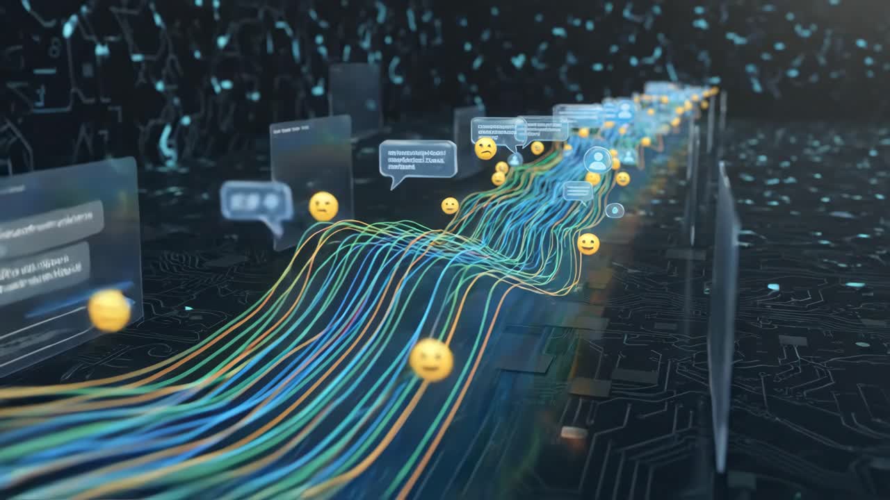 Flusso di comunicazione digitale astratto con bolle di chat ed emoji