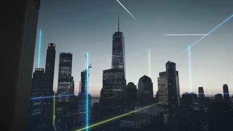 red de datos 5g y paquetes de datos que se mueven entre edificios en una ciudad - 3d render