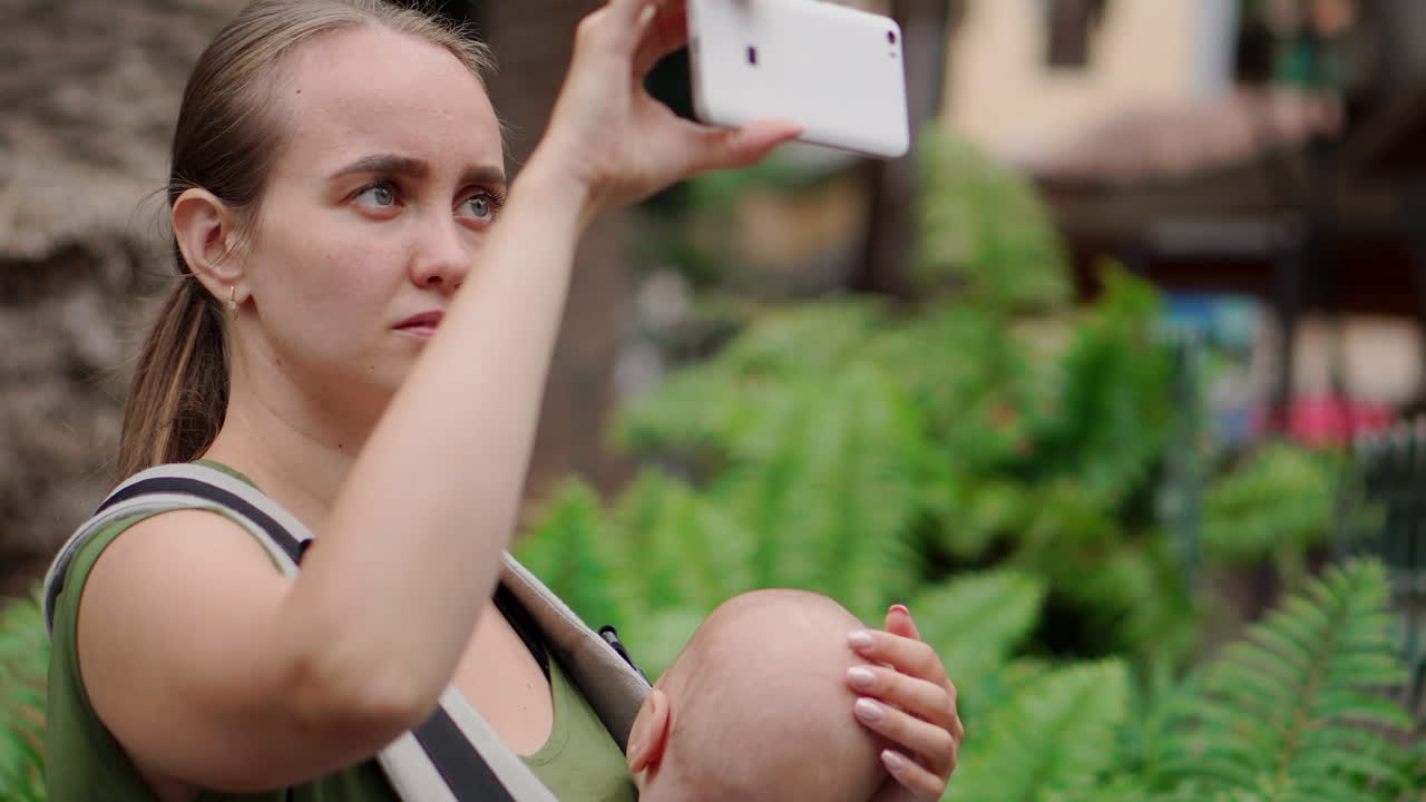 With her baby in a kangaroo backpack, a young woman captures travel memories on a mobile phone. While strolling, she occasionally looks at the phone screen