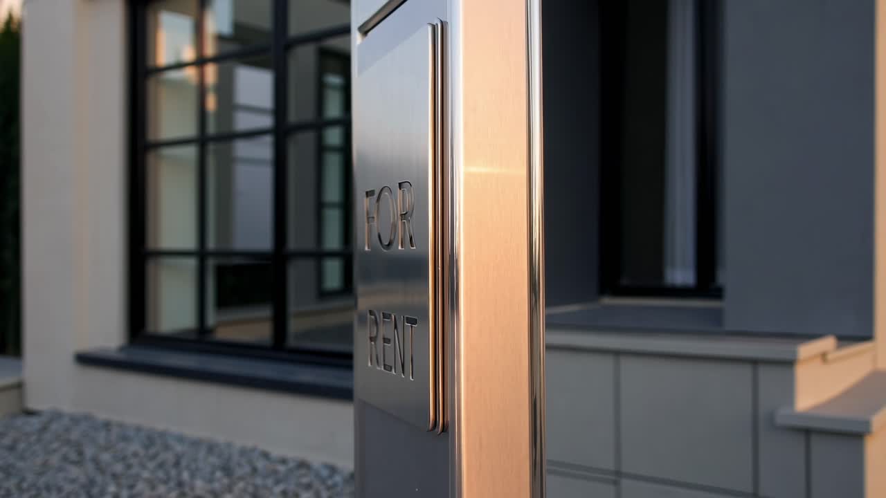 Metal for rent sign reflecting golden sunset light standing in front of modern house with large windows and gravel, concept of real estate market and housing availability