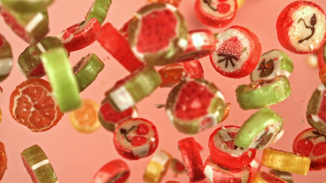 Balas de Frutas Coloridas Caindo em Câmera Lenta