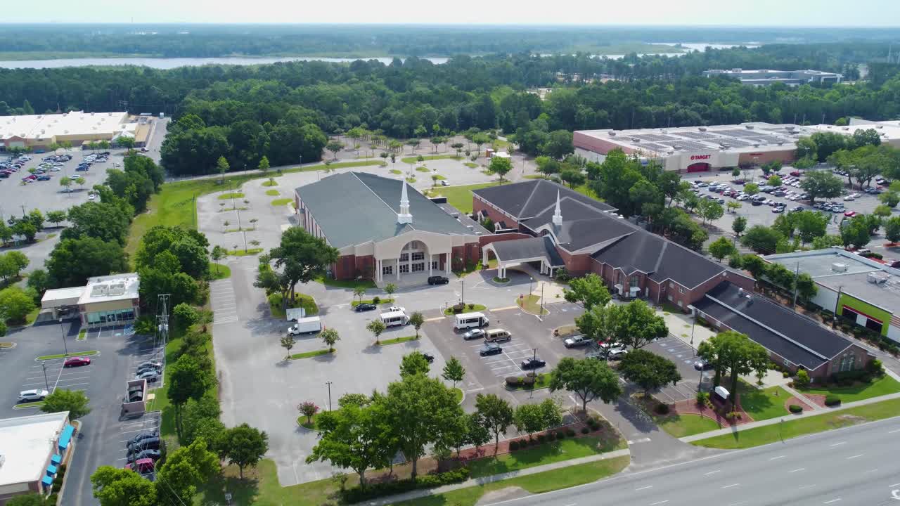 A drone shot of a church in North Charleston, SC