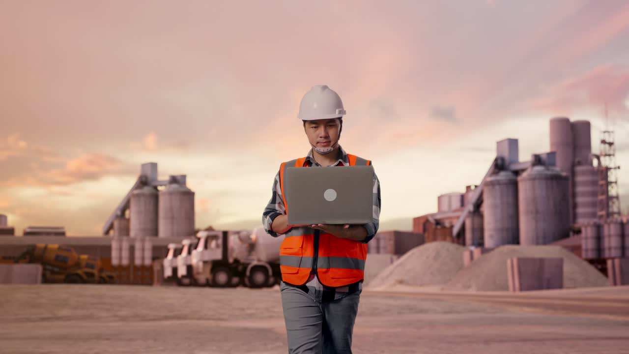 Front View of Asian Male Engineer Use Computer While Walking at Industrial Cement Plant with Sunset