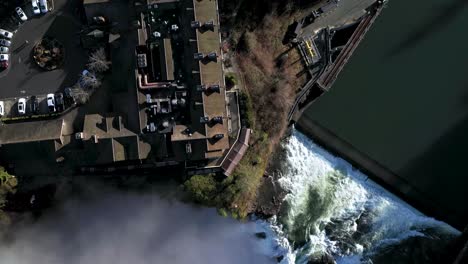 flying over salish lodge and spa hotel with snoqualmie falls and river