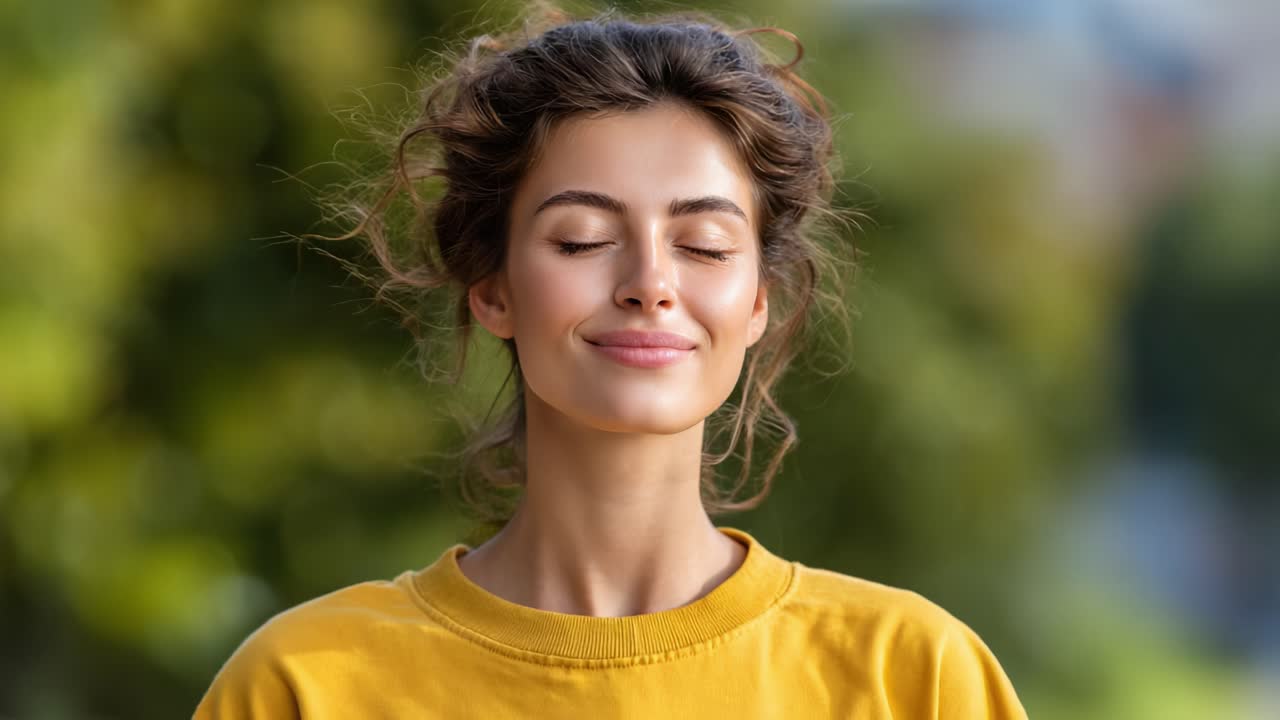 A joyful woman expressing serenity and contentment, radiating positive energy while enjoying a peaceful moment surrounded by nature's beauty