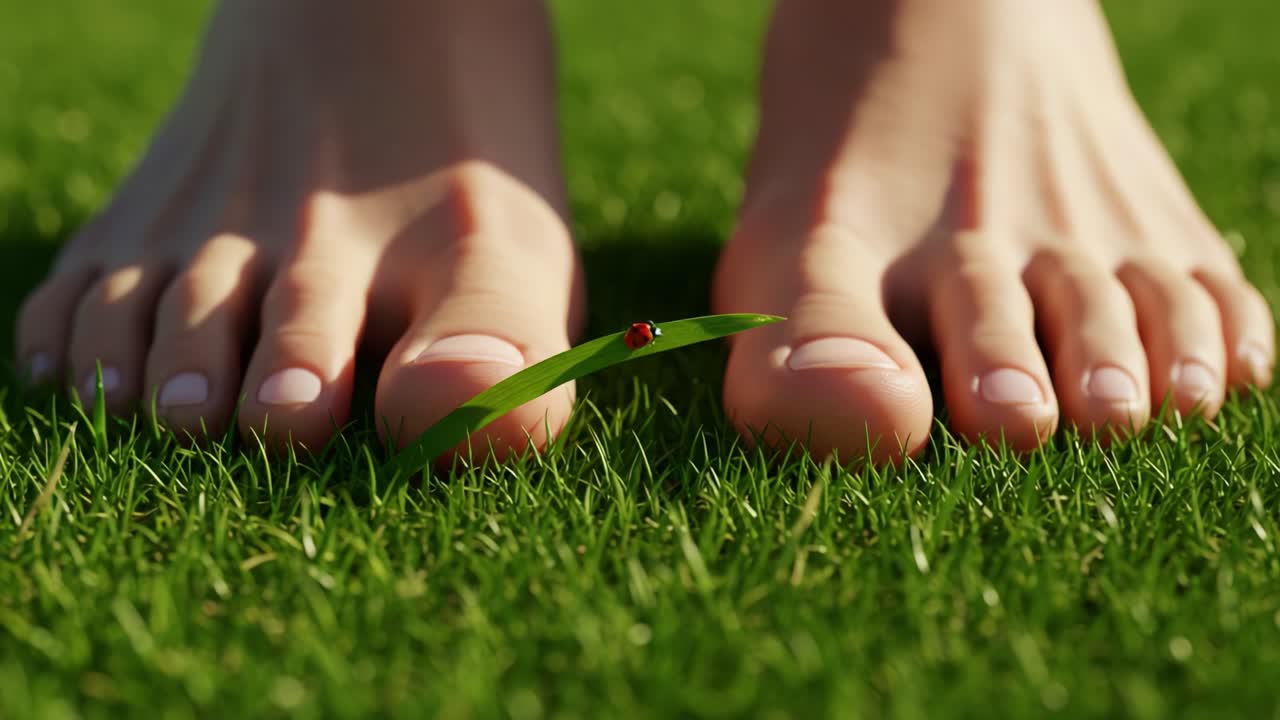 A Close-Up View of Bare Feet on Lush Green Grass with a Ladybug Perched on a Blade of Grass, Highlighting Nature’s Beauty and Connection to the Earth