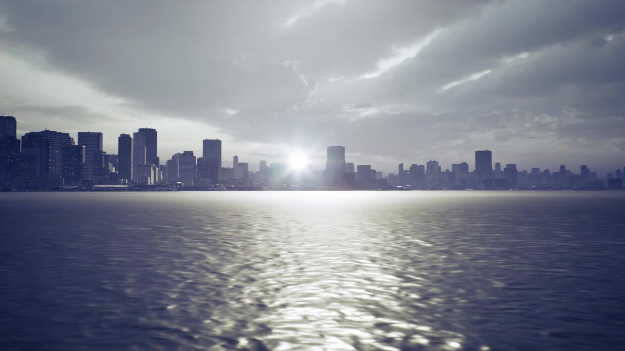 Morning brightness lights up sparkling bay and bustling city skyline