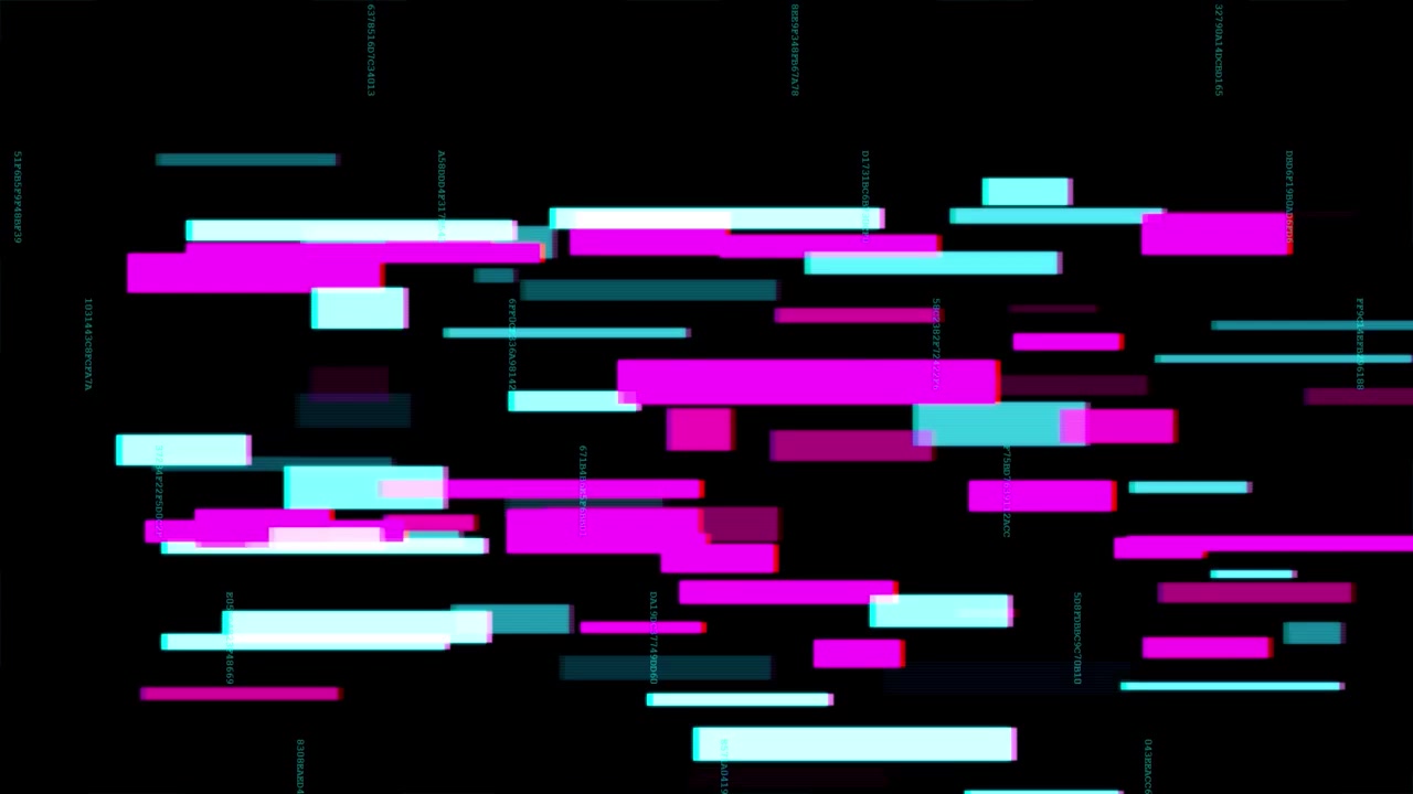 Abstrakter digitaler Glitch-Hintergrund mit sich bewegenden Neon-Rechtecken