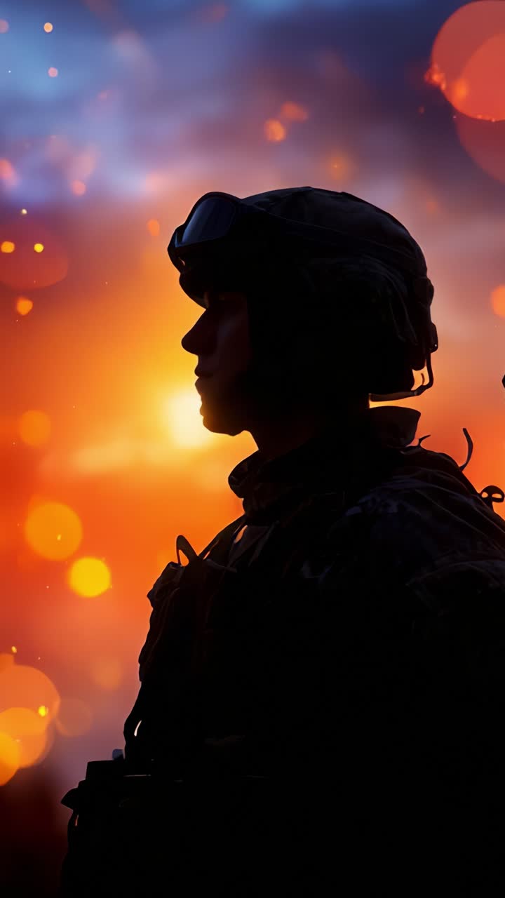 Silueta de un soldado sobre un fondo de una puesta de sol intensa, que captura la esencia de la valentía, el coraje y la resistencia del espíritu humano en tiempos difíciles