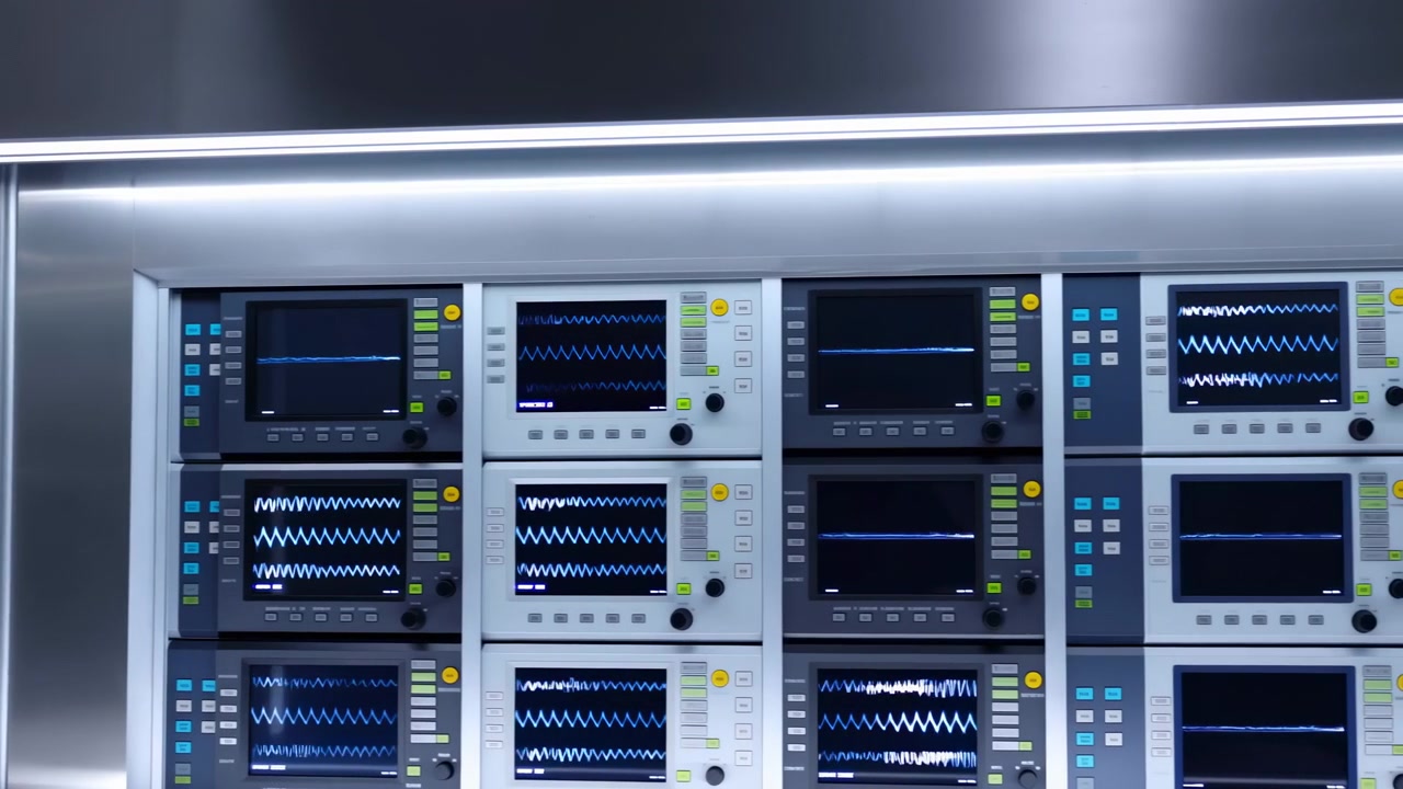 Close view of stacked medical monitoring consoles with blue ECG waveforms on dark screens, set inside metal cabinet with cool clinical lighting and reflective