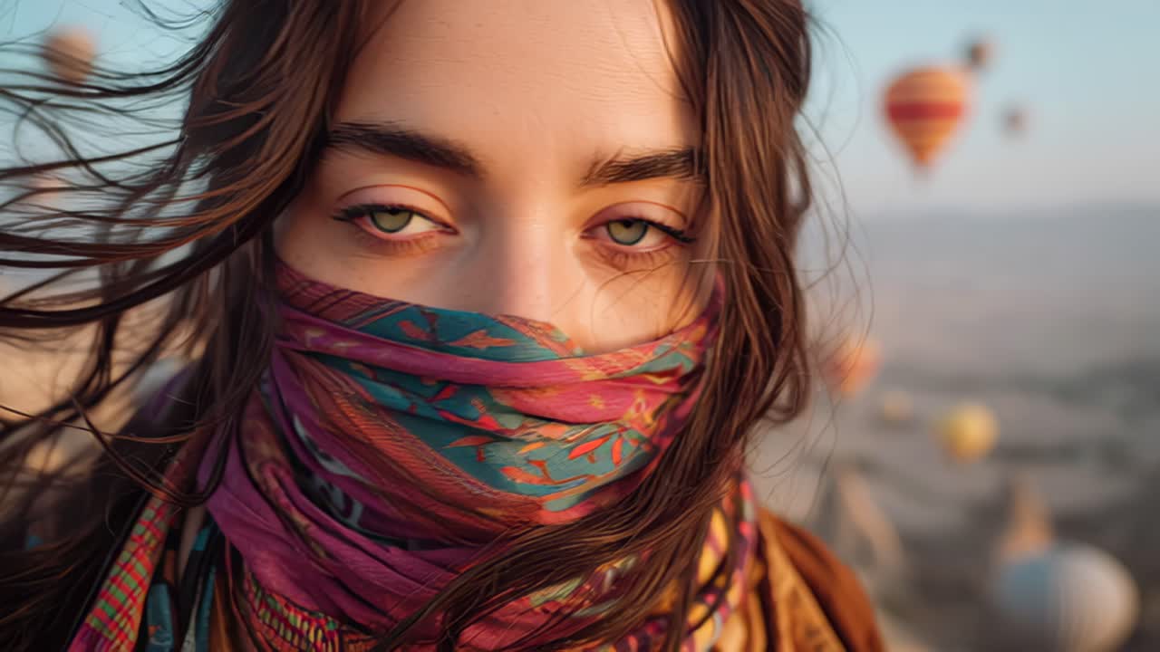 Riprese ravvicinate di una giovane donna con gli occhi chiusi, il viso coperto da una sciarpa colorata in un paesaggio desertico ventoso, con mongolfiere che fluttuano nella morbida luce dell'alba.