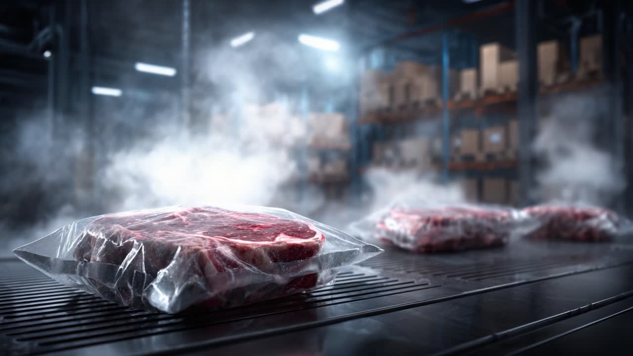 Discover the Art of Packaging: Vacuum-Sealed Steaks in a Smoke-Filled Environment Reflecting Quality and Freshness in a Modern Meat Processing Facility