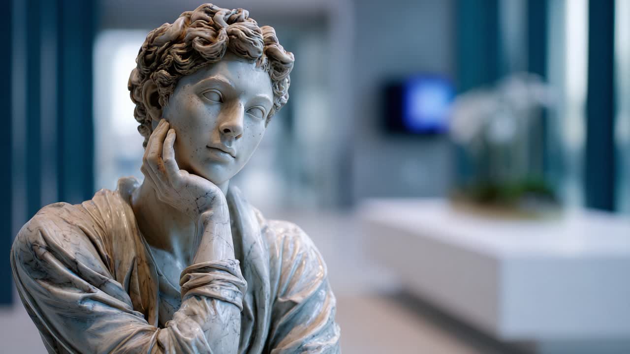 Una scultura in marmo pensierosa che raffigura un giovane pensoso con splendidi dettagli e un'illuminazione soffusa in un'ambientazione contemporanea
