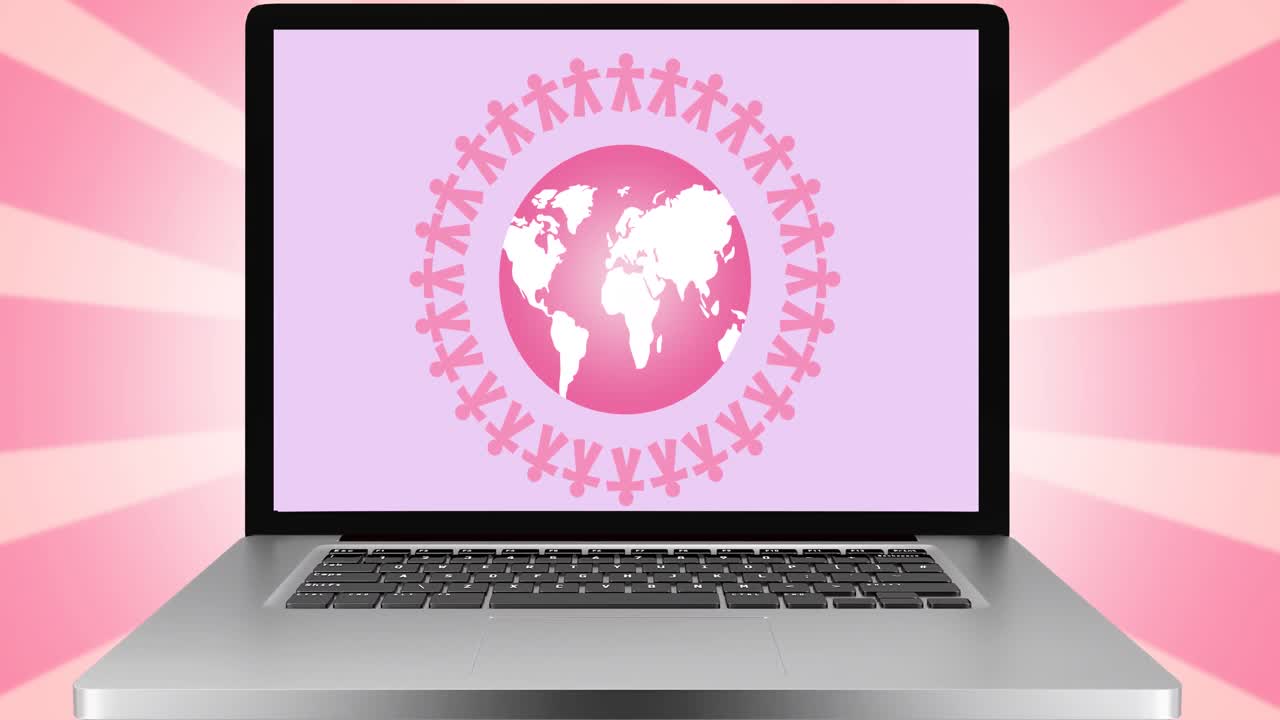 노트북 화면 에 있는 분홍색 지구 로고 의 애니메이션