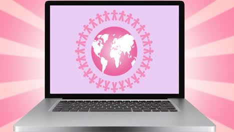 Animation-of-pink-globe-logo-on-laptop-screen