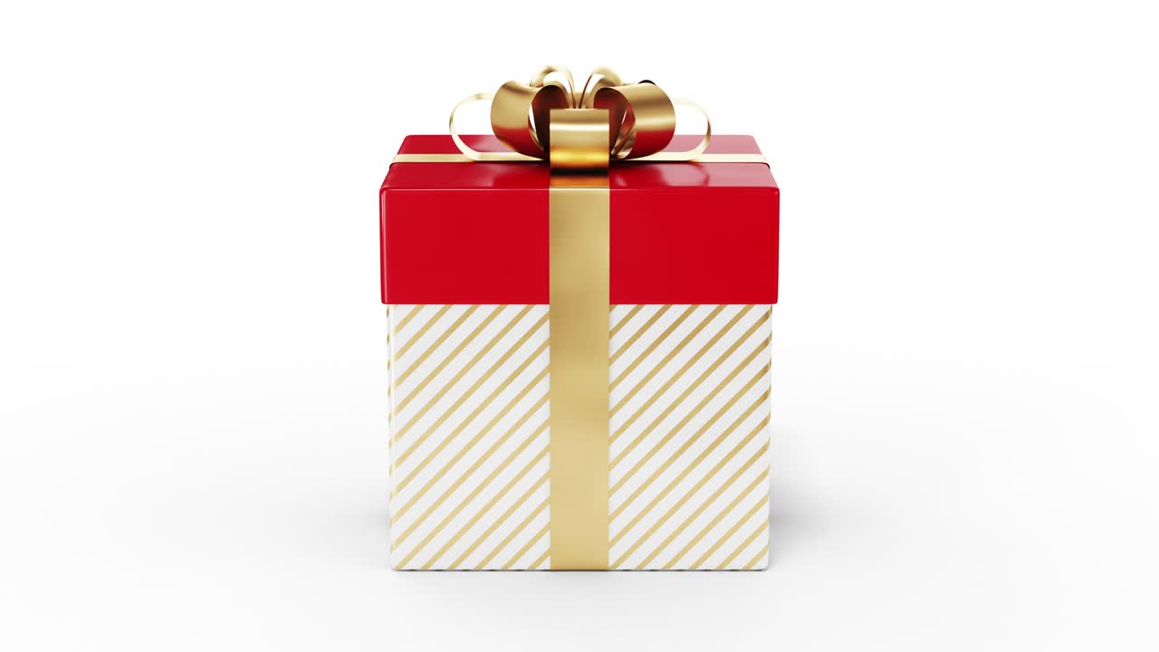 Beautiful Gift Boxes with Ribbons and Bows Rotating on White Background Seamless. 3 Versions. Looped 3d Animation. White, Red and Colored Present Box, Mask Channel. Holiday Concept.