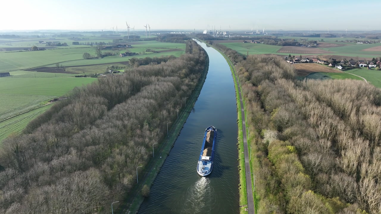 Aerial drone zoom in moving closer to the Ronquieres inclined plane ship lift in Belgium with clear details of the structure.