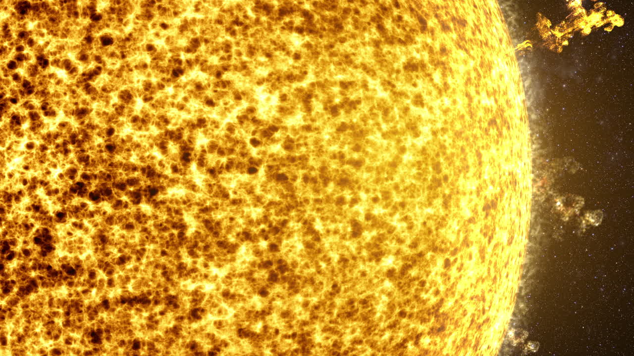 динамическая графика, демонстрирующая интенсивную энергию солнечной вспышки, когда она высвобождает захватывающий поток каскадных частиц короны в космическое пространство.