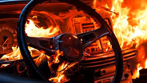 a car with flames coming out of the steering wheel