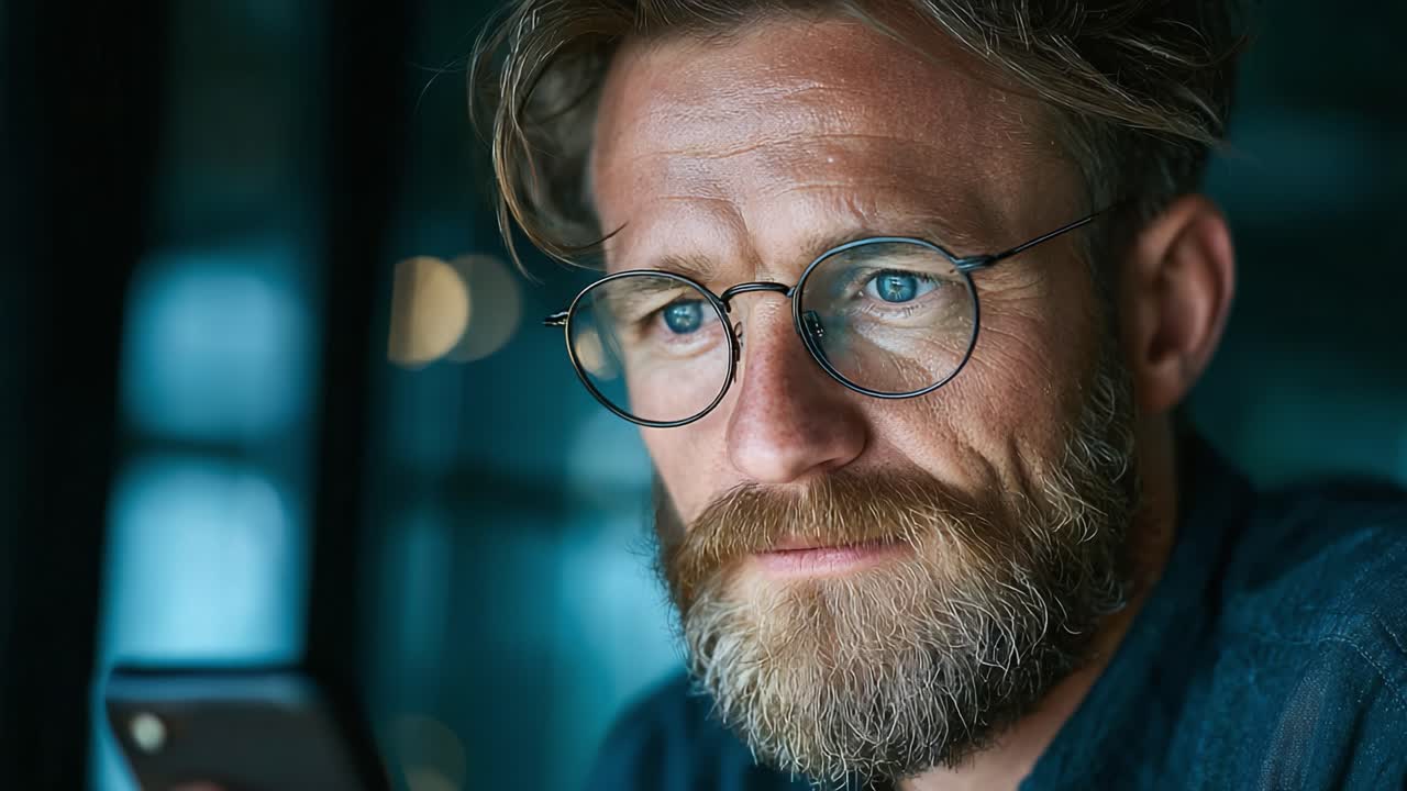 Et introspektivt øyeblikk: Nærbilde av en ettertenksom mann med briller, engasjert i kontemplasjon mens han bruker en smarttelefon i et svakt opplyst miljø