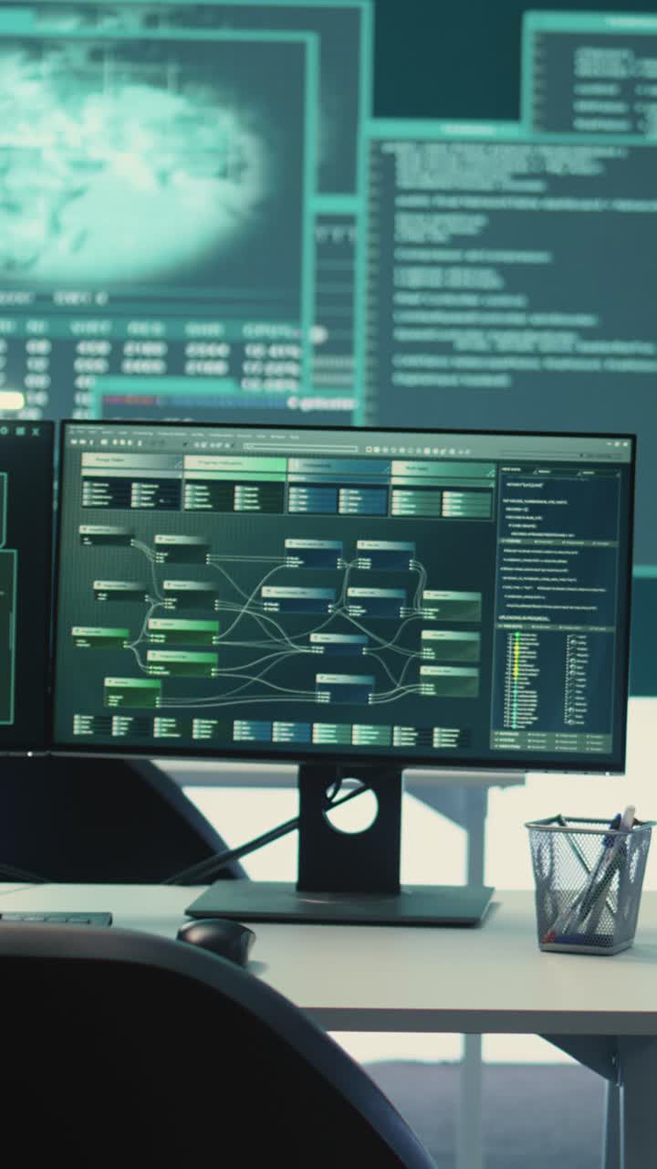 Computer Monitor Displaying Complex Code and Network Data