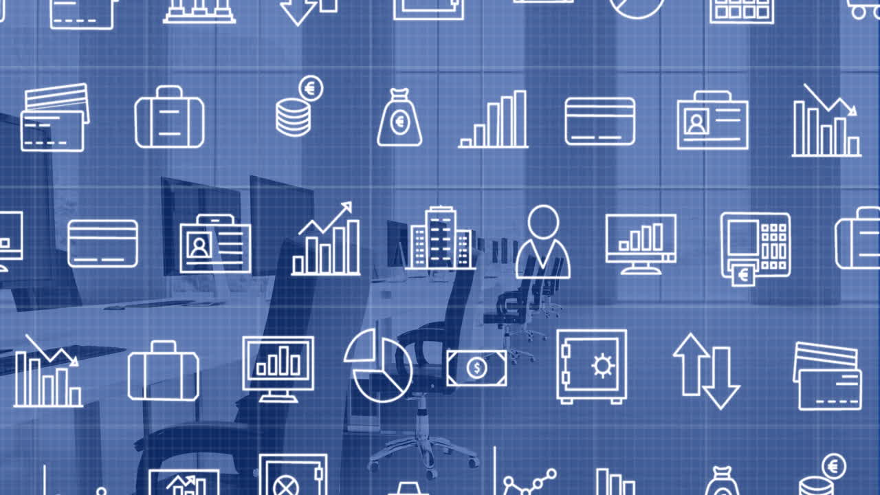 animación de múltiples iconos sobre sillas desocupadas y computadoras en el escritorio en la oficina