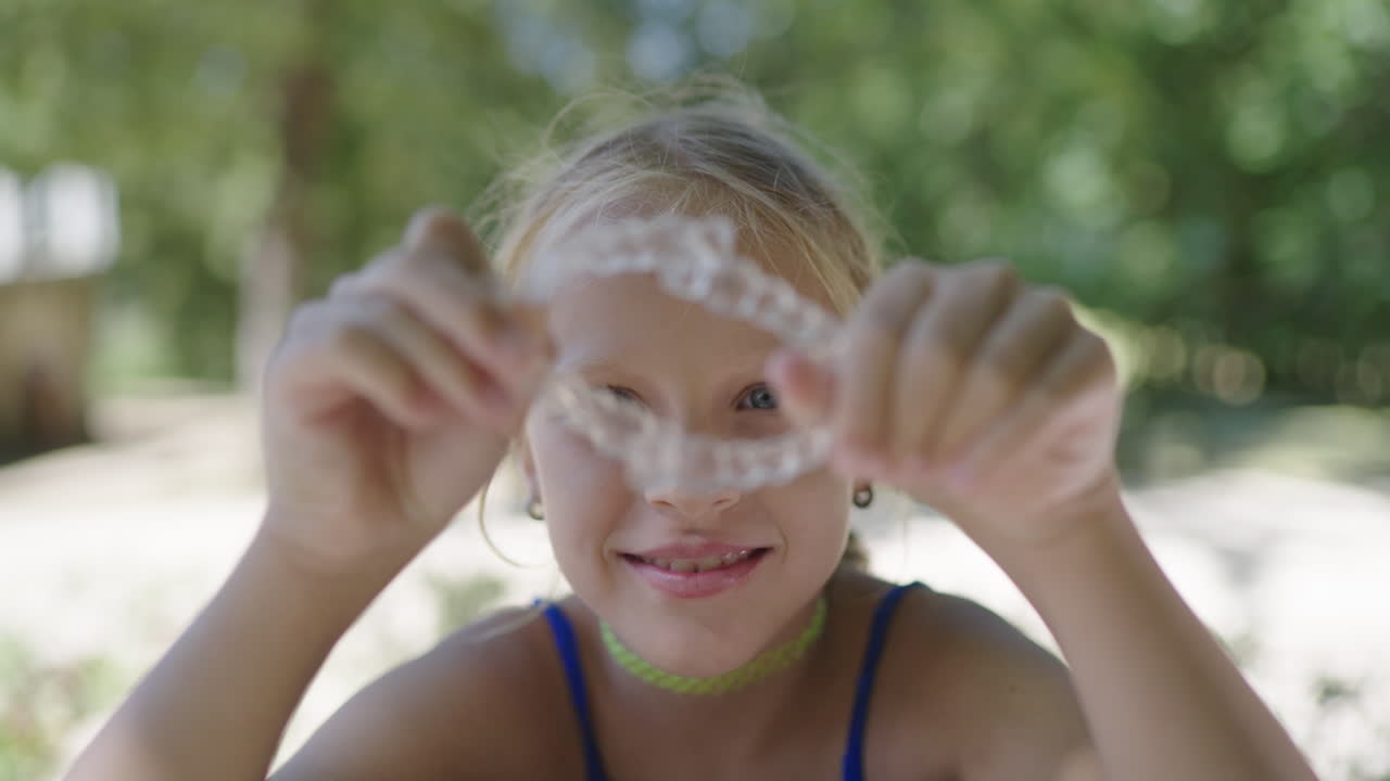 Girl holding invisible aligners for teeth straightening