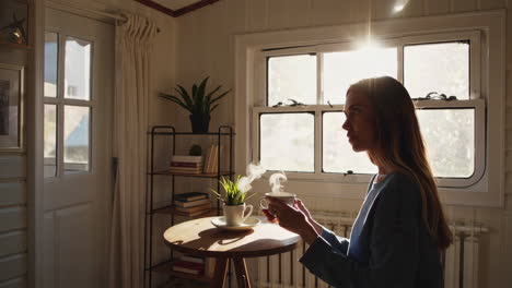 woman drinking coffee by the window