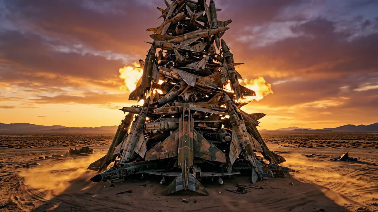 Dramatic Explosion in a Pile of Old Fighter Jets at Sunset