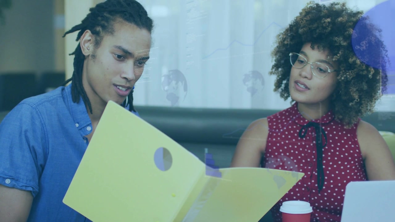 Man opening folder and woman leaning reviewing education plan as purple overlays appearing on pages
