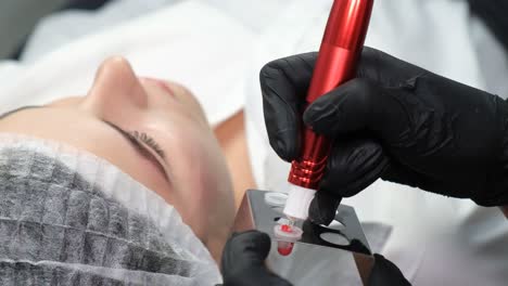 a Professional Master Performs Lip Correction Procedures a Professional Master Performs Lip Correction Procedures Pencil for Permanent Makeup during Work Lip Microblading Doctor Cosmetologist