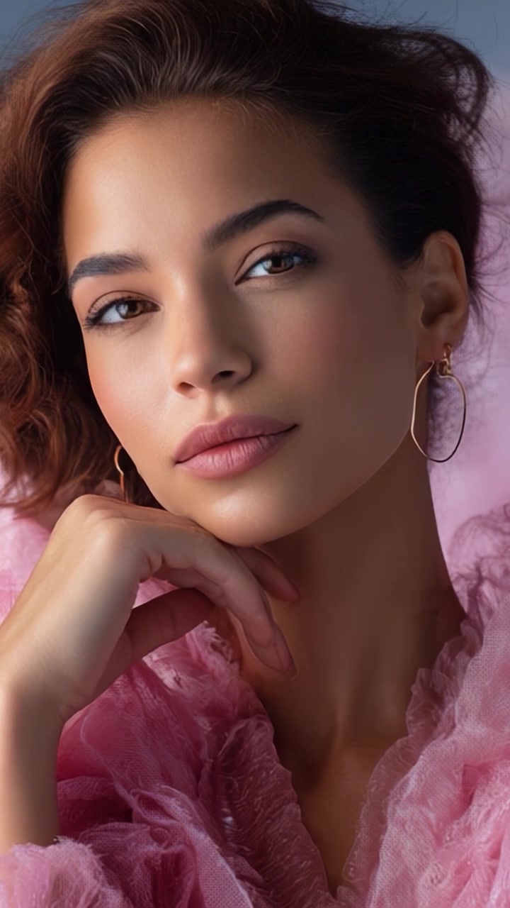 Un ritratto accattivante di una donna elegante che indossa un abito rosa tenue, che irradia eleganza e compostezza con un'espressione pensierosa nei suoi lineamenti mozzafiato