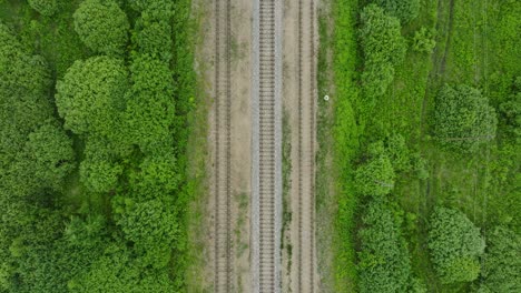 vista aérea de vías vacías de trenes de ferrocarril, paisaje rural, bosque verde fresco en el lado, día de verano nublado y nublado, amplia toma de carretilla de avión no tripulado de ojo de pájaro moviéndose hacia adelante