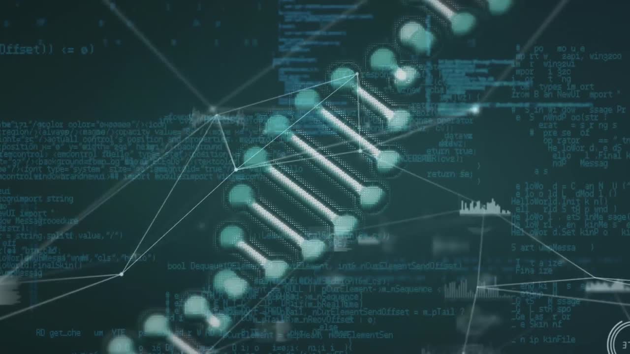 Animation of dna strand, network of connections over data processing